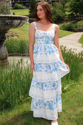 Floral Print Tiered Hem Vacation Sleeveless Maxi Dresses-Blue Pre Order
